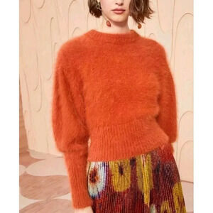 New $690 Ulla Johnson Emira Fuzzy Sweater Women Size P Orange Angora Long Sleeve
